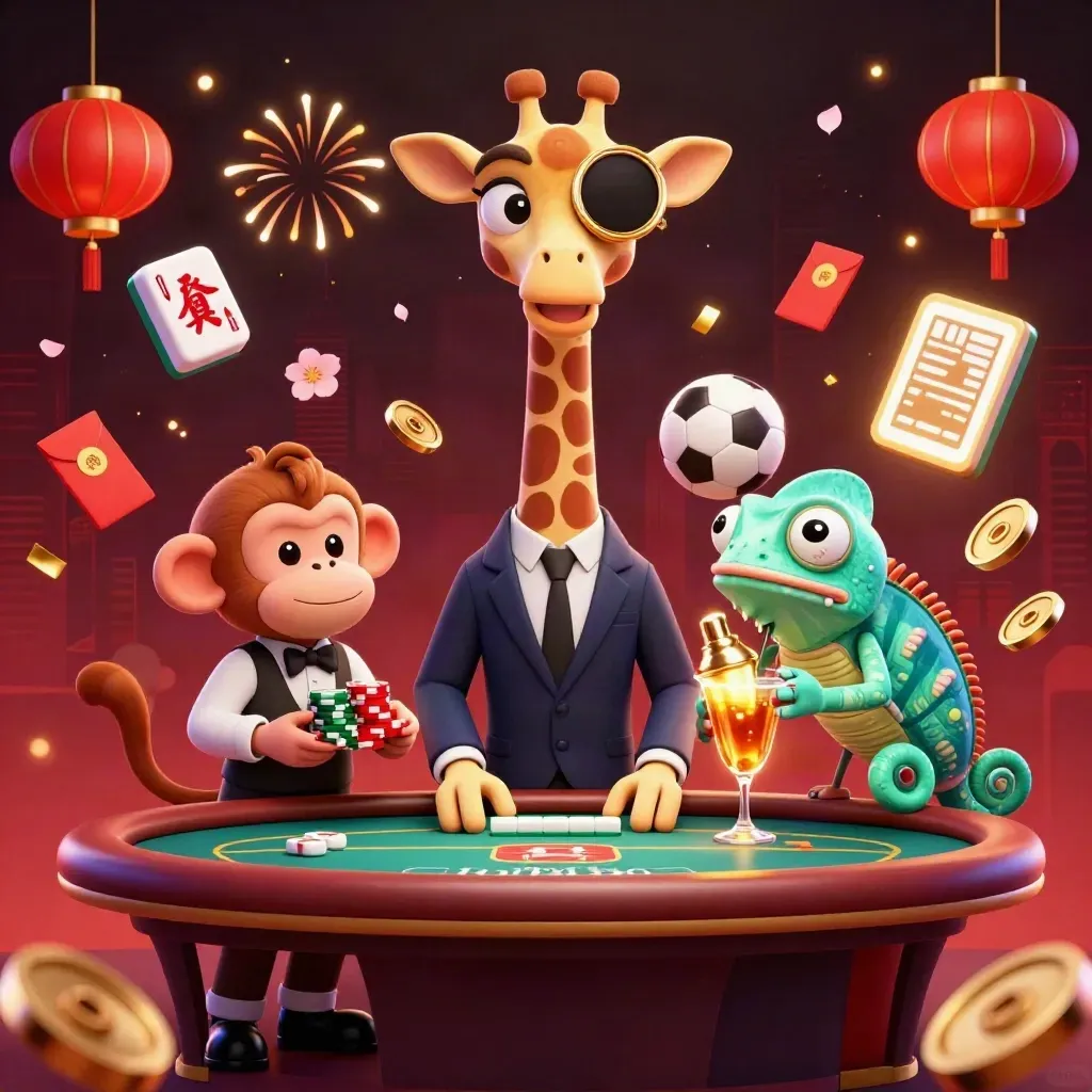 3D giraffe, monkey valet, and chameleon bartender amid casino sports props, lanterns, coins, and light streaks.