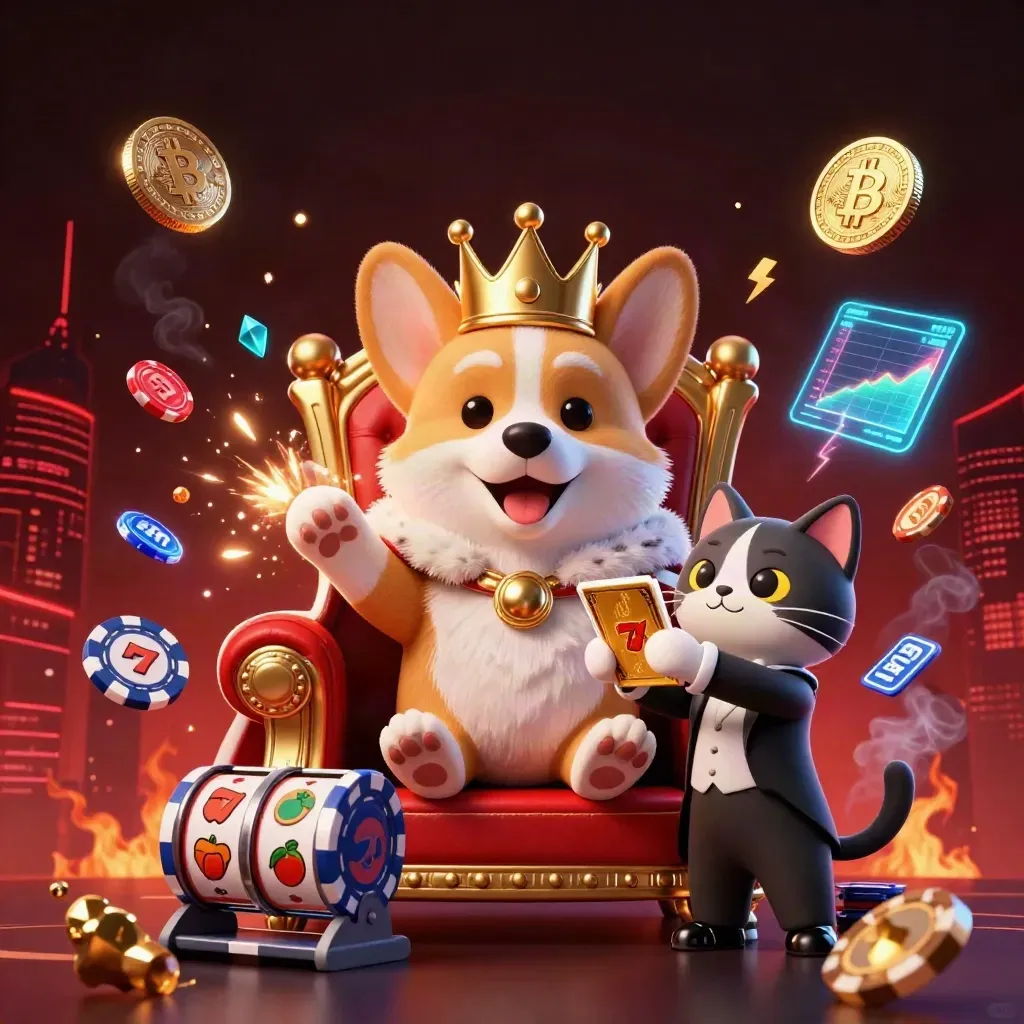 Royal corgi and cat butler amid neon coins, chips, lightning, and cyber slot bursts.