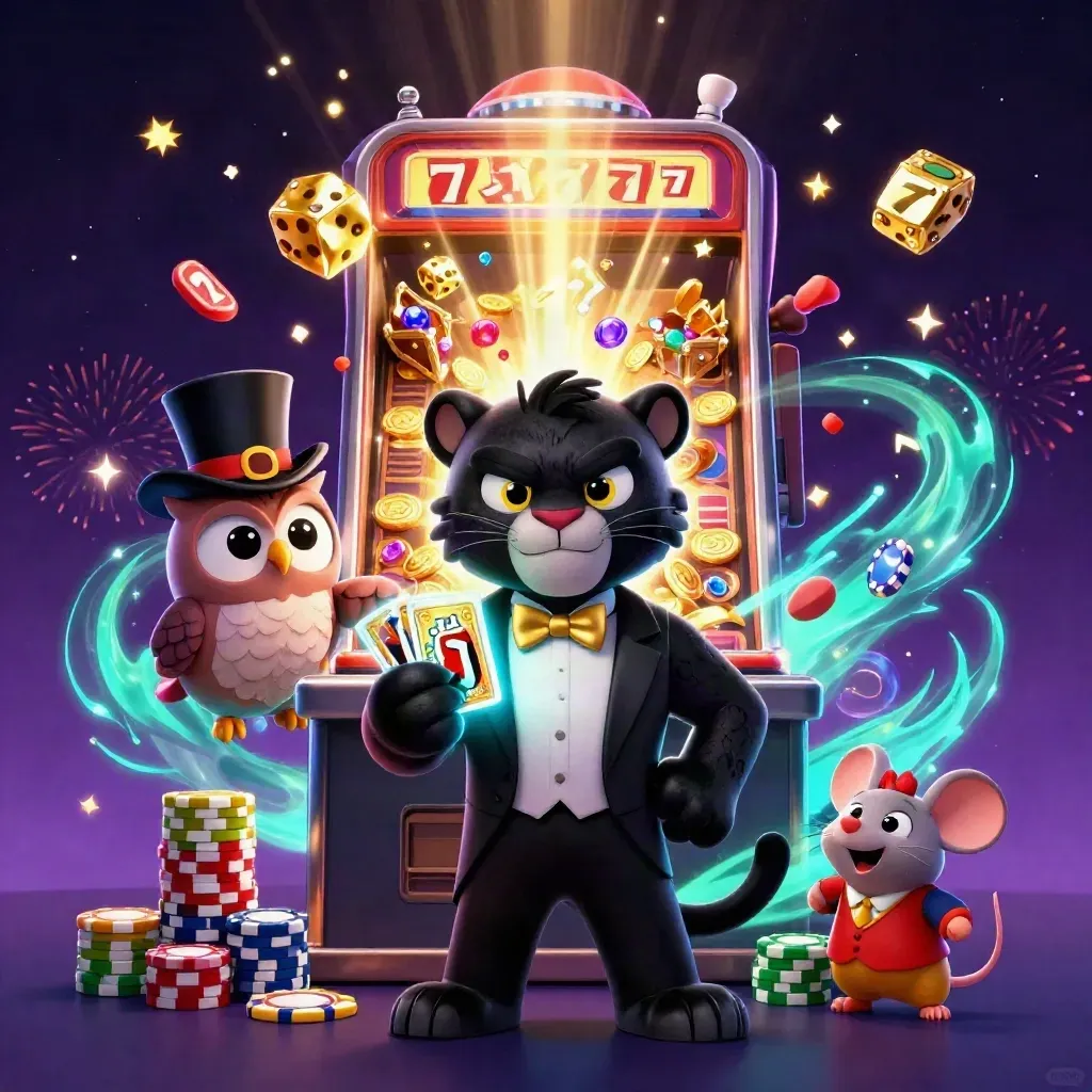 Panther, owl, and mouse amid exploding jackpot loot, glowing cyan slot chaos in a luxe casino scene