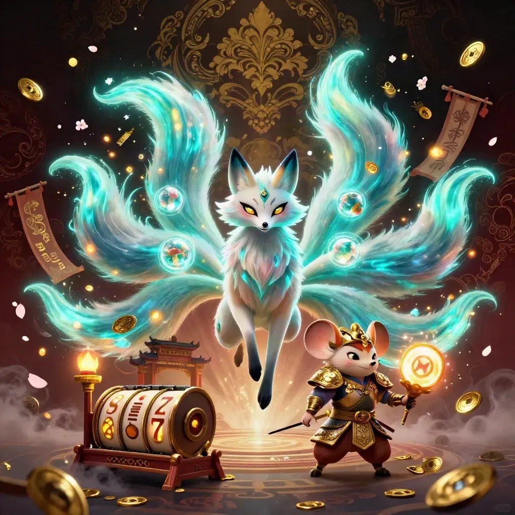 Nine-tailed fox spirit and golden mouse amid casino relics, neon cyan magic, coins and petals.