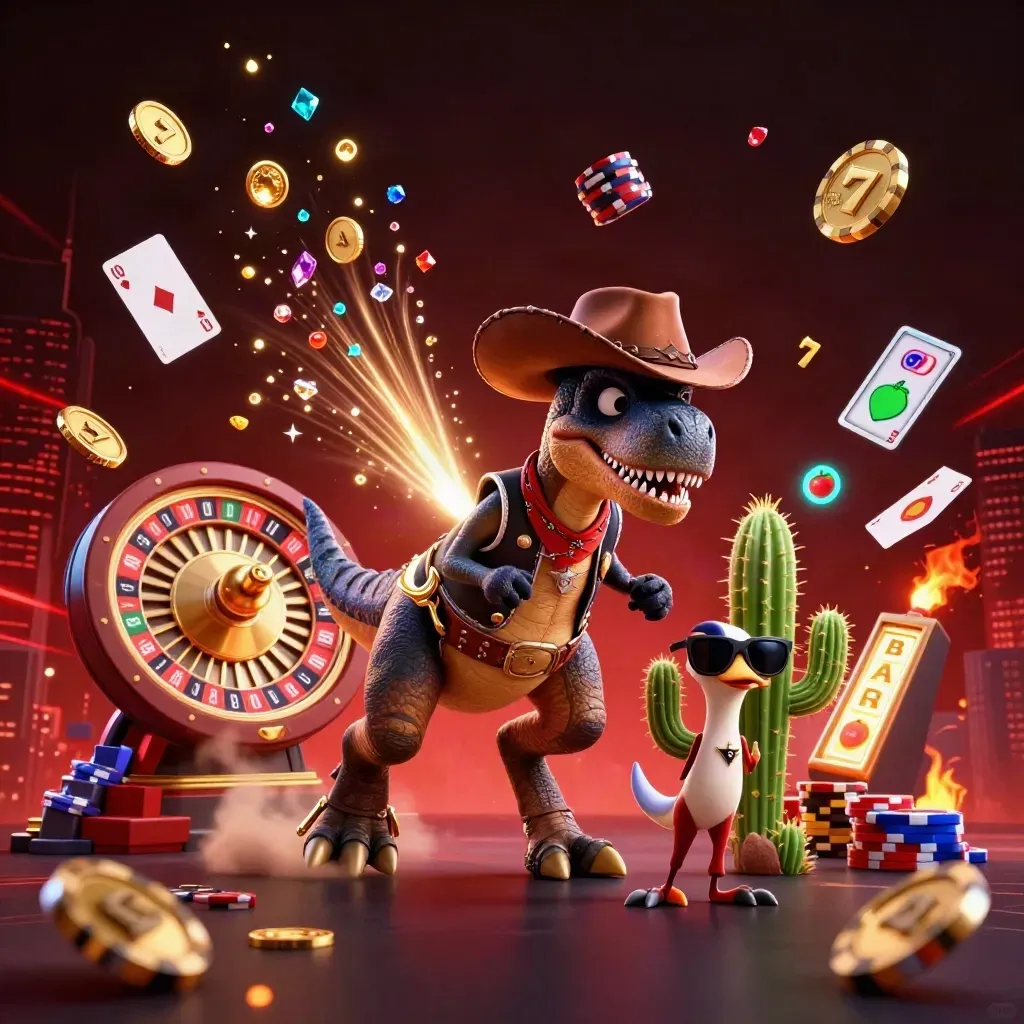 Cowboy T-Rex, cactus sidekick, and sheriff roadrunner amid casino treasures and glowing chips