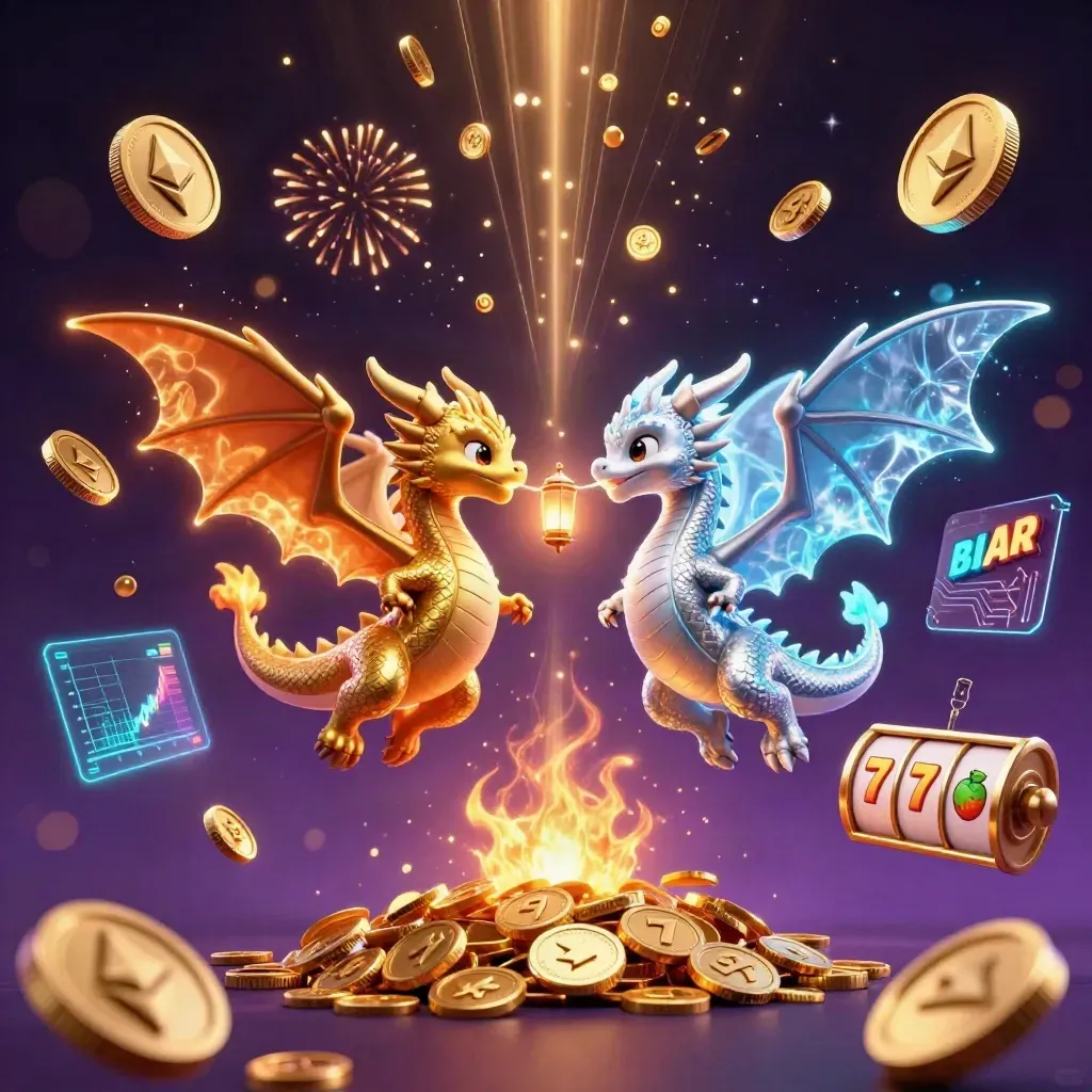 Twin dragons whirl in a jackpot blast with coins, reels, crypto symbols, and fireworks.