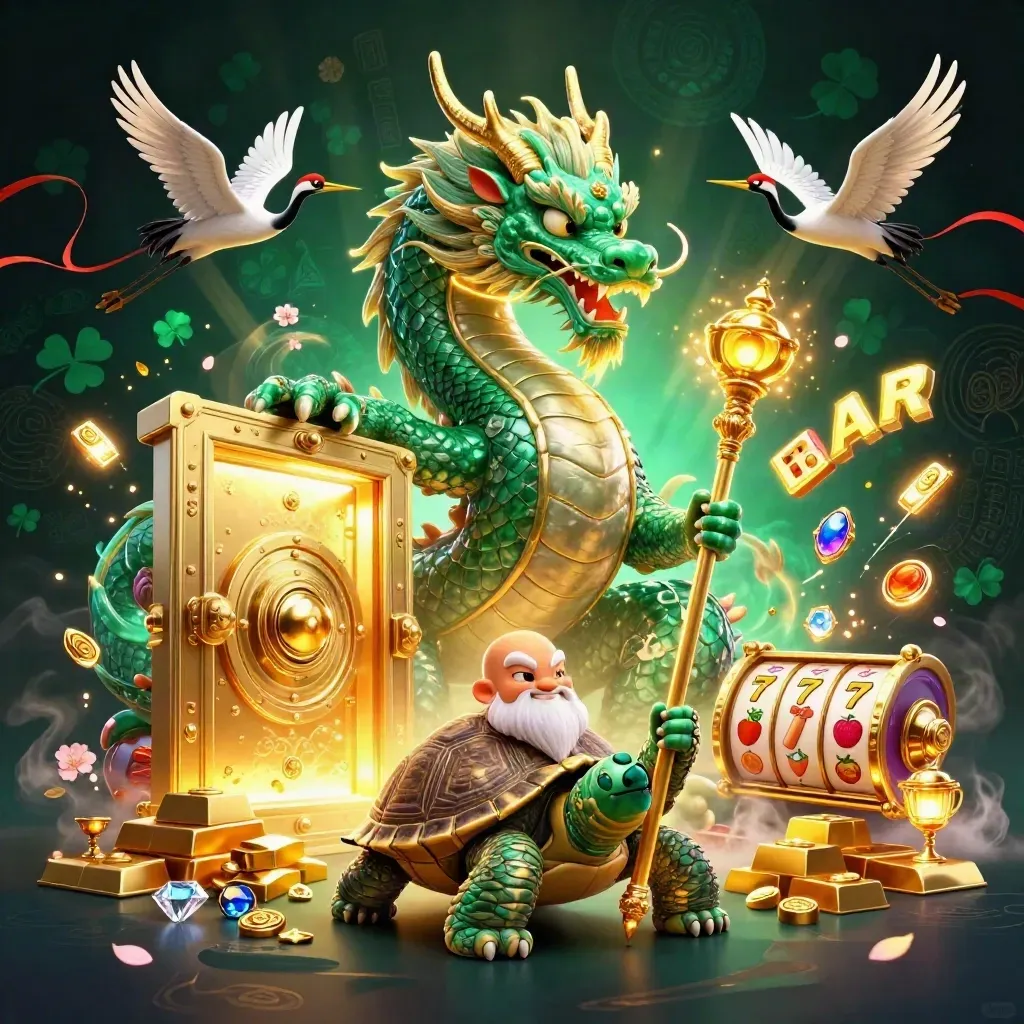 Jade dragon, turtle sage, and cranes amid gold, vault light, reels, and casino sparkle